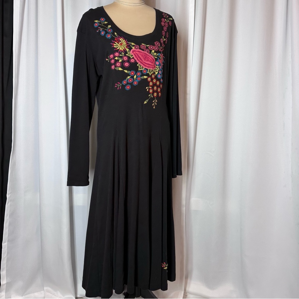 J Peterman Maxi Dress Sz L Floral Embroidered Knit Jersey Bohemian Flowy **READ